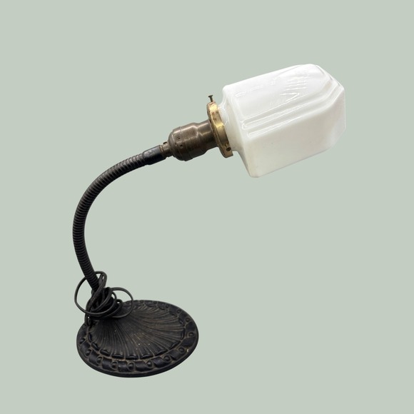 Other - Vintage Art Deco Gooseneck Desk Lamp Cast Metal Shell Base Milk Glass Step Shade